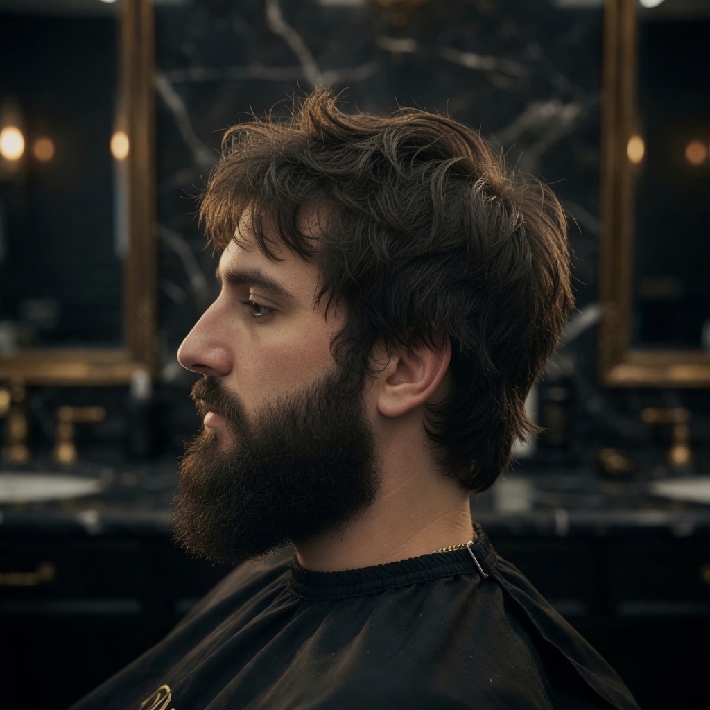 Before — grown-out hair and beard